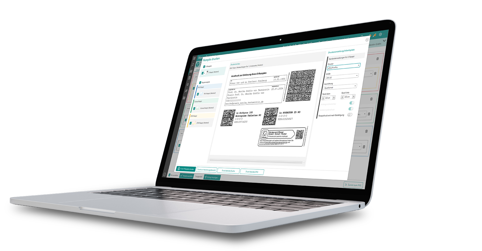 Ein Laptop, auf dem die Verordnungssoftware MediSuite geöffnet und ein eRezept zu sehen ist